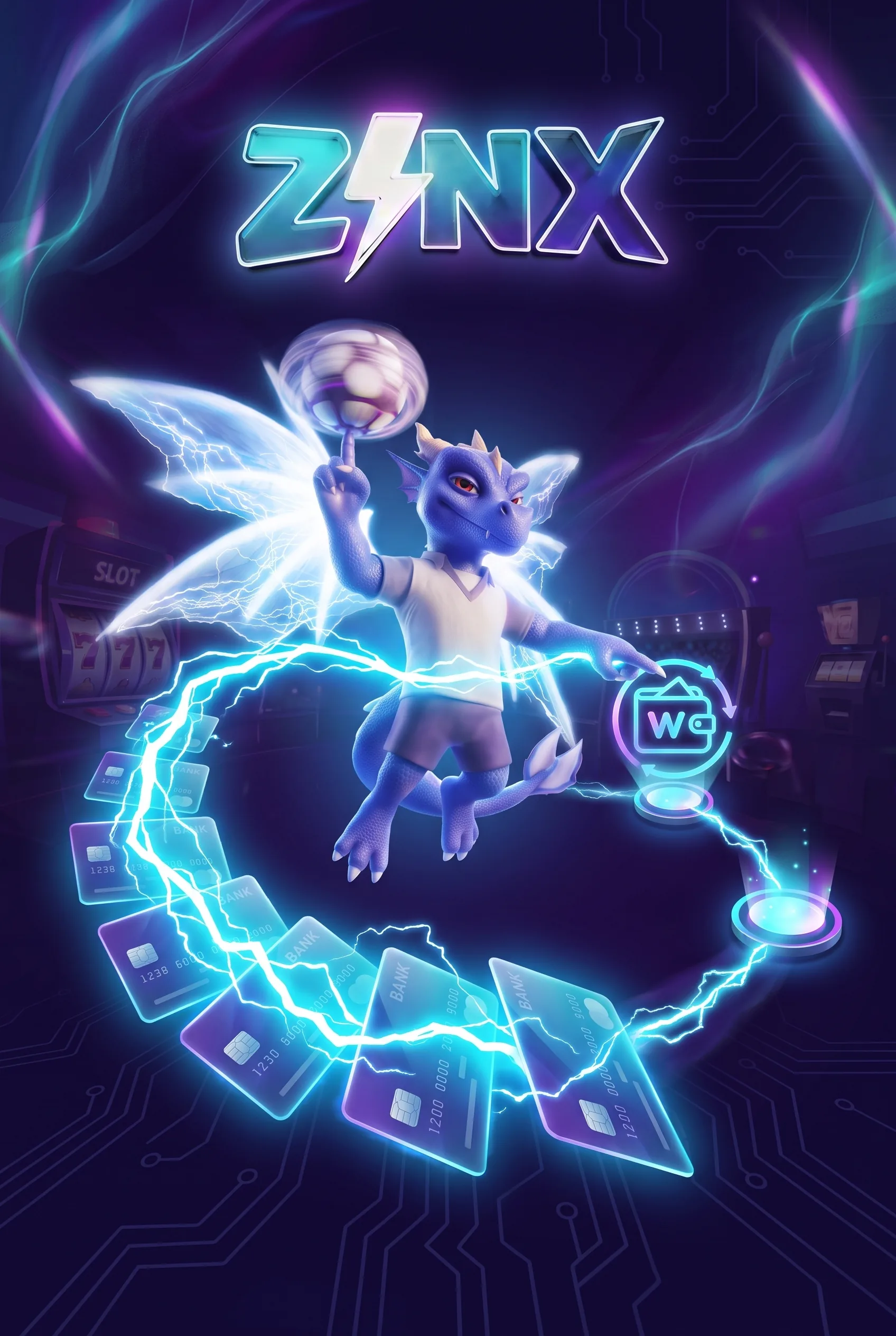 Sigla Zinx Casino și mascota alături de carduri și un portofel electronic